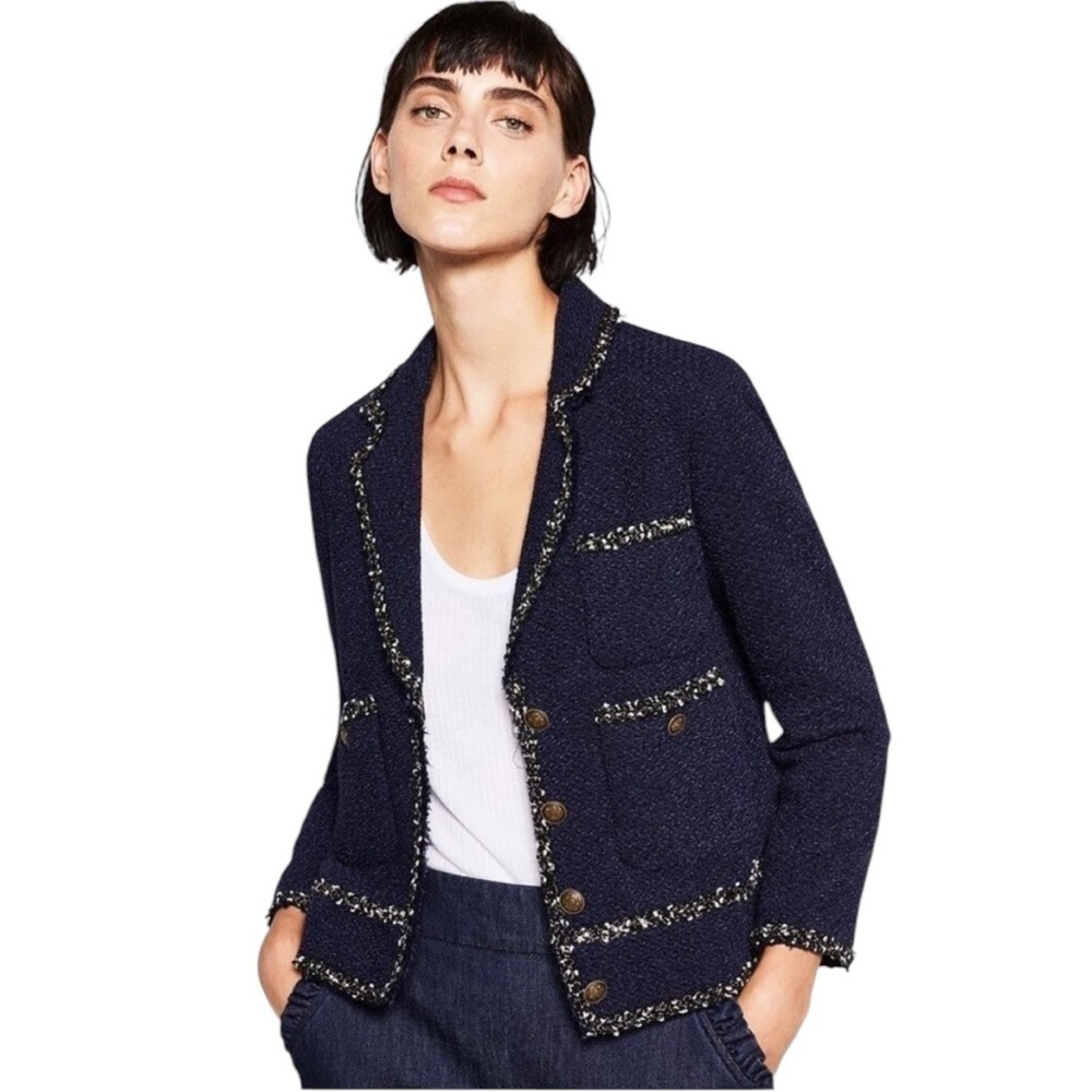 Zara Woman NWOT navy tweed three button classic  blazer Made in Spain